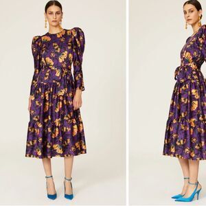 Delfi Taylor Floral Puff Sleeve Long Sleeve Waist Tie Midi Dress Purple Orange M